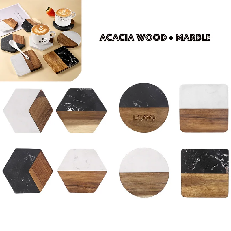 4-Inch Acacia and Marble Coaster