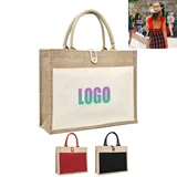 Jute Tote with Canvas Pocket and Cotton Handles