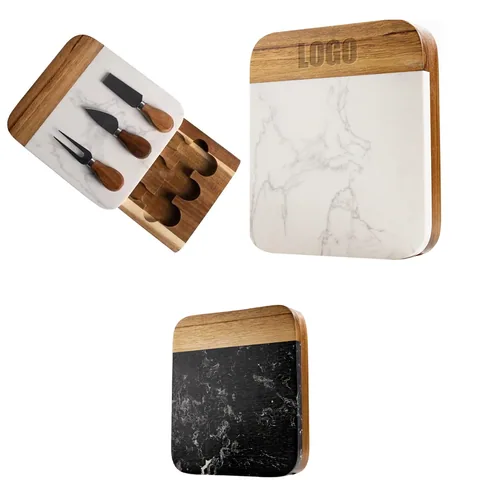 Marble and Acacia Cheese Board with Utensil Drawer