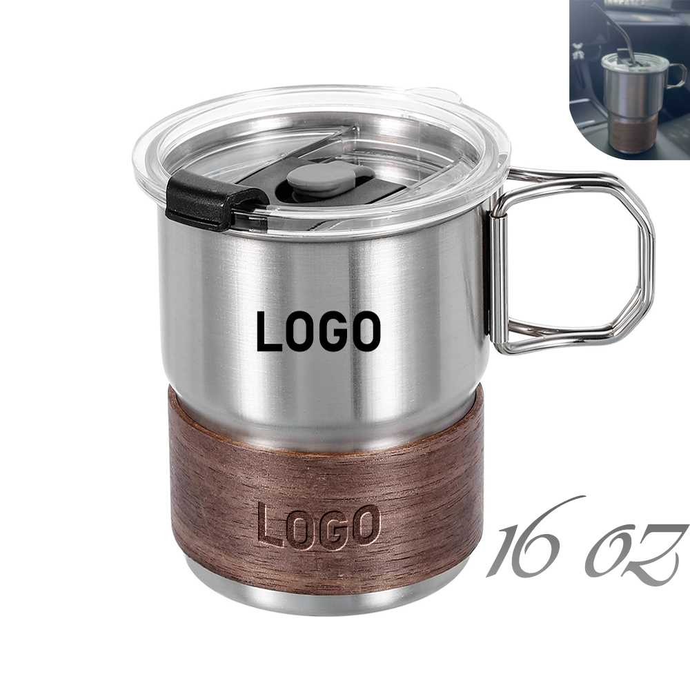 16 oz Stainless Steel Camping Mug with Wooden Sleeve