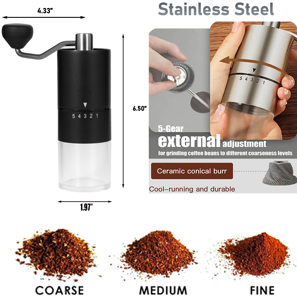 Manual Stainless Steel Coffee Burr Grinder with Hand Crank — view 2