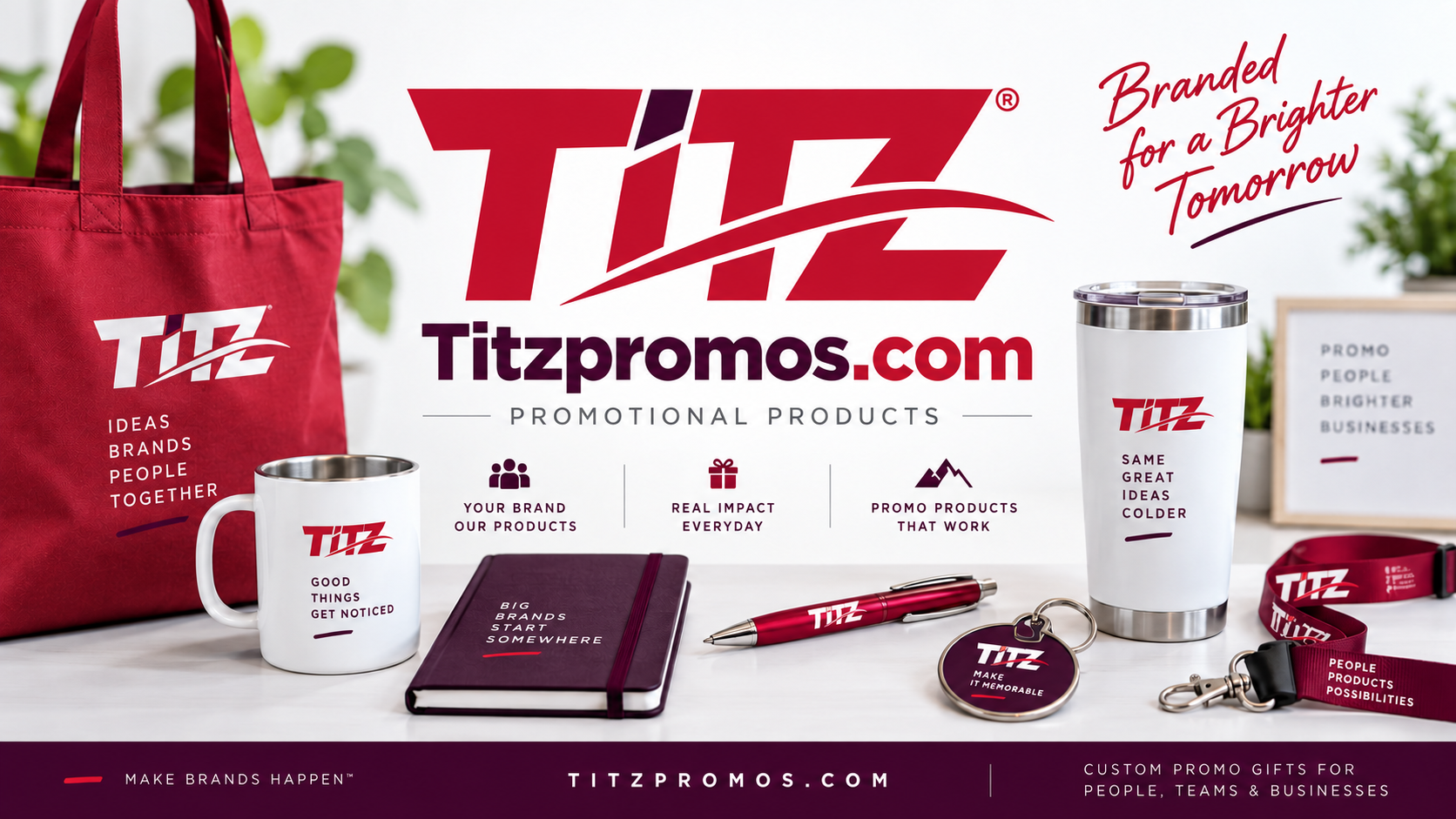 Titz branded promotional products including a tote bag, mug, notebook, pen, tumbler, keychain and lanyard